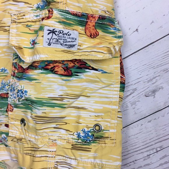 Polo Mens Small 32 to 34 Swim Trunks Shorts Yellow Beach Jaguar Mesh Liner - Picture 3 of 9